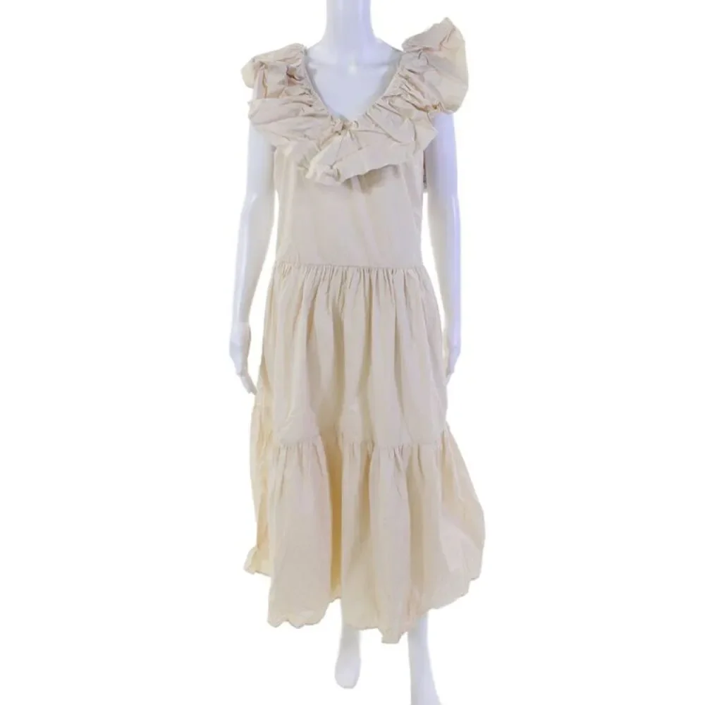 English Factory Womens Textured Ruffle Sleeve Scoop Neck Long Dress Nude Size M